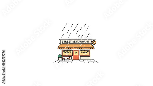A simple illustration of a street restaurant under the rain. The building has an awning and lights, with a plant outside and table