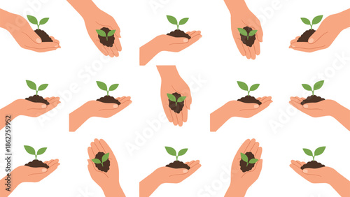 Hands Holding Young Plant Seedlings Illustration Set Showing Growth, Care, Sustainability, and Eco Friendly Gardening Concept in Flat Minimal Style
