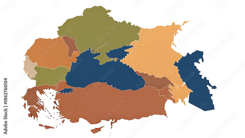 Obraz premium A simplified, color-coded political map of a region, showing countries outlined with different shades of brown, green and orange. Includes seas