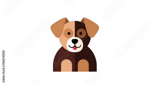 A simplified, cartoon-style illustration of a dog, featuring a two-toned face and body. The dog is brown and tan, in a sitting position