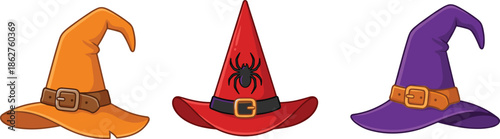 Halloween Witch Hat Illustration Set Showing Colorful Magical Hats With Buckles and Spider Symbol for Spooky Costume and Holiday Design
