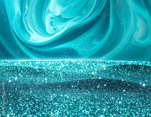 Abstract Turquoise Glittering Surface with Swirling Blue and White Background.