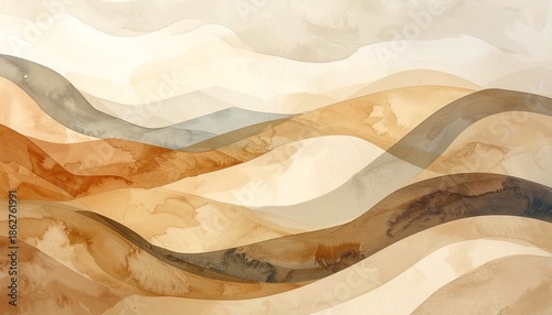 Abstract Watercolor Landscape - Earthy Tones of Rolling Hills and Artistic Waves.