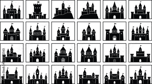 Medieval Castle Silhouette Icon Grid Illustration Featuring Fantasy Fortresses, Fairytale Palaces, and Historic Strongholds in Black Frame Style Design