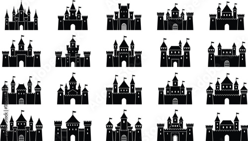 Medieval Castle Silhouette Illustration Set Featuring Fantasy Fortresses, Fairytale Palaces, and Historic Stronghold Shapes in Black Icon Style