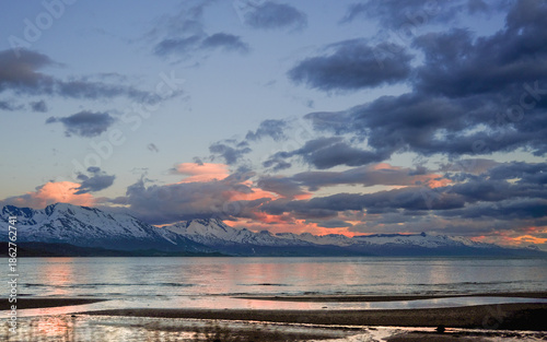 Snow covered mountain picks. Winter landscape. 
