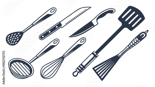 “Kitchen utensils silhouette set, clean vector icons, modern minimal cooking tools SVG”