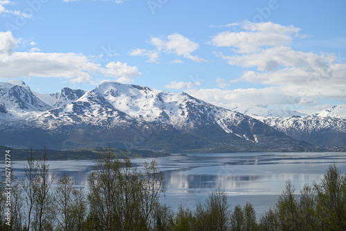 Snow covered mountain picks. Winter landscape. 