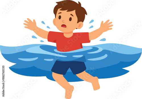 Child Drowning Awareness Illustration - Water Safety Education Concept with Warning Signs and Lifeguard Protection Symbols for Prevention and Safety Training Vector