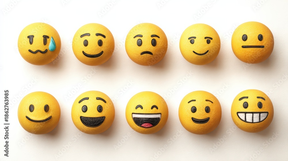 Fototapeta premium Set of yellow emoji faces showing a range of emotions suitable for digital designs in vector graphic format on transparent background