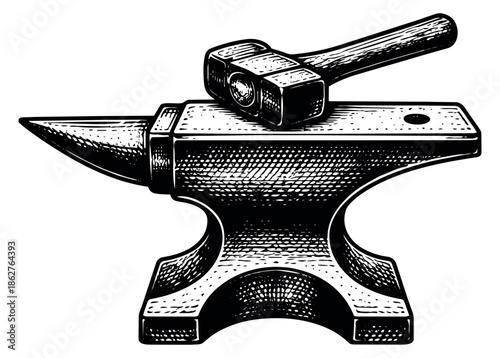 Hand drawn line art illustration of an anvil and hammer depicting metalworking tools for craftsmanship