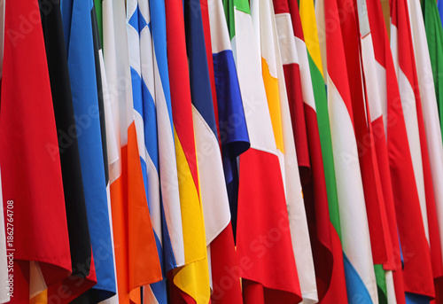 background of dozens colored flags from european states
