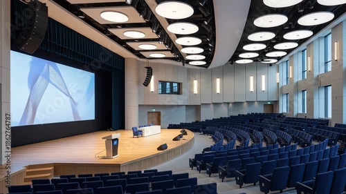 Modern conference auditorium interior with stage screen and empty seating arrangement