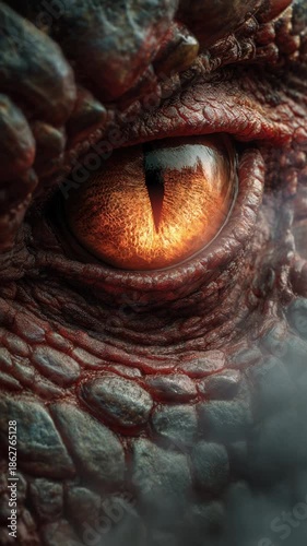 Fierce fantasy creature close up showcasing menacing red dragon eye. This powerful monster reveals fiery iris, detailed scaly texture, and terrifying gaze