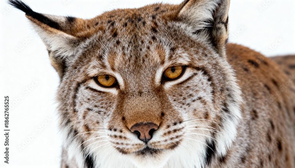 Obraz premium Detailed closeup of a Eurasian lynx with sharp golden eyes and spotted fur. Stunning wild animal portrait, focus on face and fur pattern. Perfect for wildlife, nature, and conservation concepts.