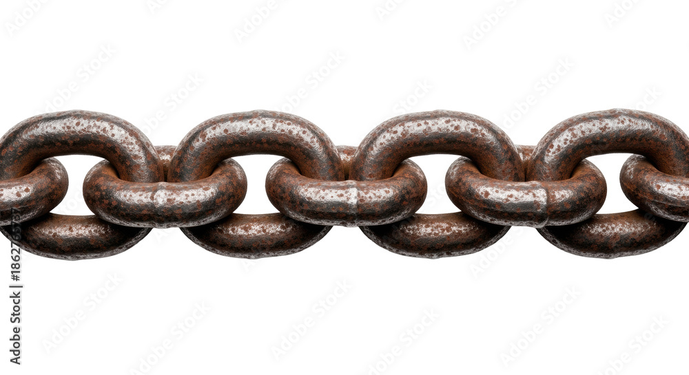 Obraz premium Horizontal segment of heavy, dark metal chain with detailed reddish-brown rust, wear, and abrasion marks, isolated on a transparent background. Concept of rugged industrial decay