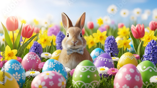 Happy easter sunday with easter bunny and colorful eggs in blooming garden
