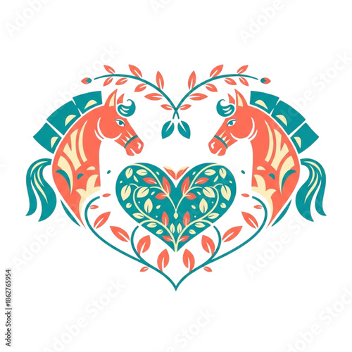 Two horses forming a heart shape with floral decorations