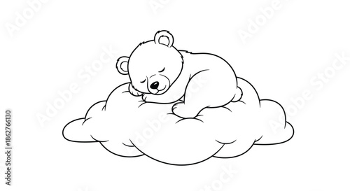 Little bear cub sleeping peacefully on a large and soft fluffy cloud in a magical and dreamy line art illustration.