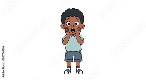 Surprised young boy with dark curly hair holding his cheeks in amazement and shock in a clean color vector illustration.