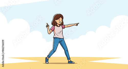 Energetic cartoon girl with brown hair pointing forward while walking outdoors under a blue sky with soft white clouds.