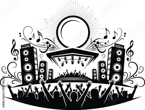 Black and white illustration of a futuristic cityscape