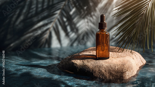 Organic skincare product podium with beige stone and pampas grass, natural sunlight shadows, eco friendly cosmetic concept, minimal background