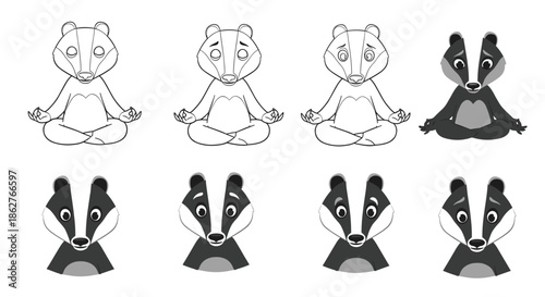 Series of badger characters shown in different stages of meditation and emotional expressions for wellness and mindfulness.