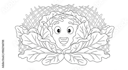 Cheerful cartoon cabbage character with a smiling face sitting inside a woven basket illustrated in a line art style.