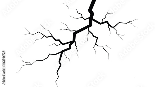 Realistic black crack or fracture isolated on a clean white background represents damage, failure, and surface breakdown.