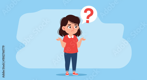 Confused young girl shrugging her shoulders with a red question mark in a speech bubble above her head on a blue backdrop.