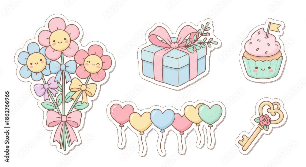 Fototapeta premium Pastel sticker set featuring cute flowers gift box cupcake heart balloons and ornate key