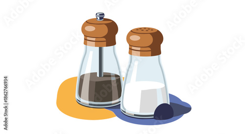 A charming vector illustration of a glass salt shaker and pepper mill with wooden tops, isolated on a white background.