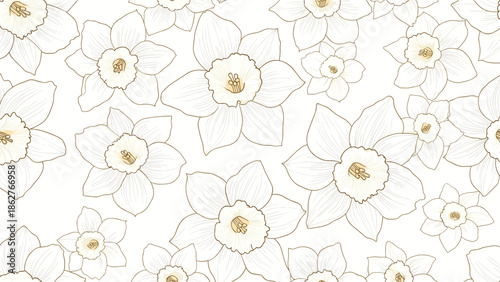 Elegant repeating pattern of hand drawn daffodil flowers creates a beautiful and romantic spring themed background design.