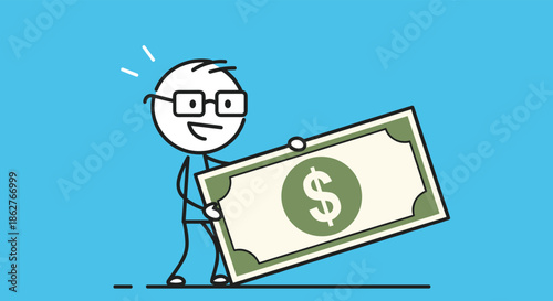 Simple stick figure man with glasses carrying a giant dollar bill to represent finance, money, and wealth concepts.
