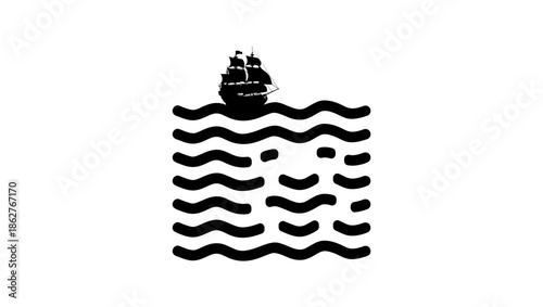 ship in in waves lion face , black isolated silhouette
