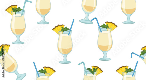 A refreshing seamless pattern of Pina Colada cocktails in tall glasses, garnished with pineapple slices and mint leaves.