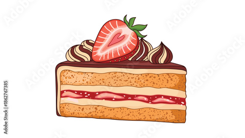 Slice of delicious sponge cake with cream filling and a fresh strawberry on top is shown in a colorful illustration.