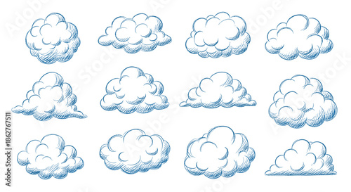 Assortment of twelve different blue ink sketched clouds in various shapes and sizes for a classic sky background.