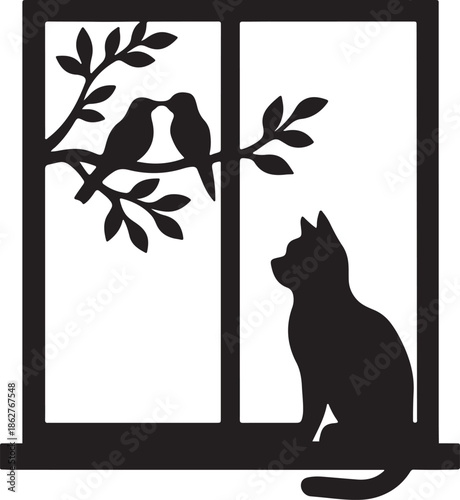 Cat on windowsill watching birds peaceful home and nature silhouette vector illustration