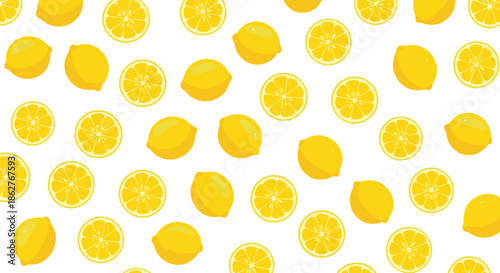 A zesty and cheerful seamless pattern of whole yellow lemons and lemon slices scattered on a plain white background.