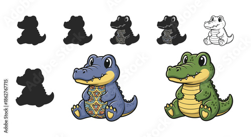Set of crocodile characters showing different stages of coloring and patterns from simple silhouette to detailed.
