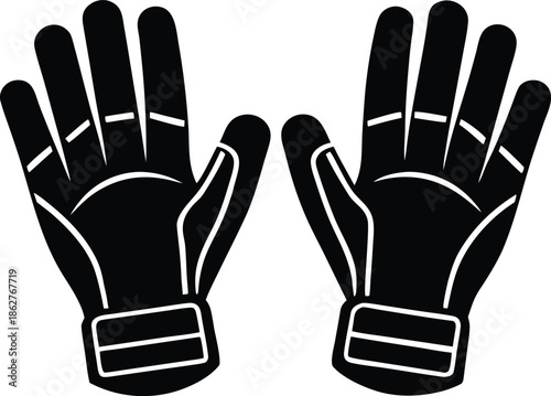 Pair of black goalkeeper sport gloves, Vector icon of athletic protective gear