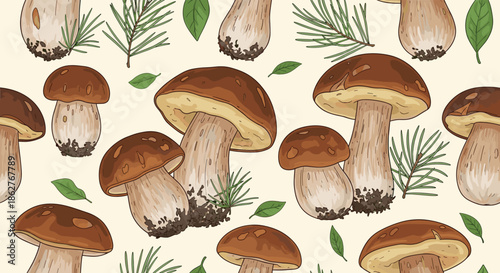 A rustic seamless pattern of hand-drawn porcini mushrooms, also known as boletus, with pine needles on a beige background.