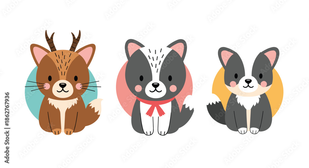Obraz premium A cute collection of three adorable woodland animals including a deer, a badger, and a fox, in a simple cartoon style.
