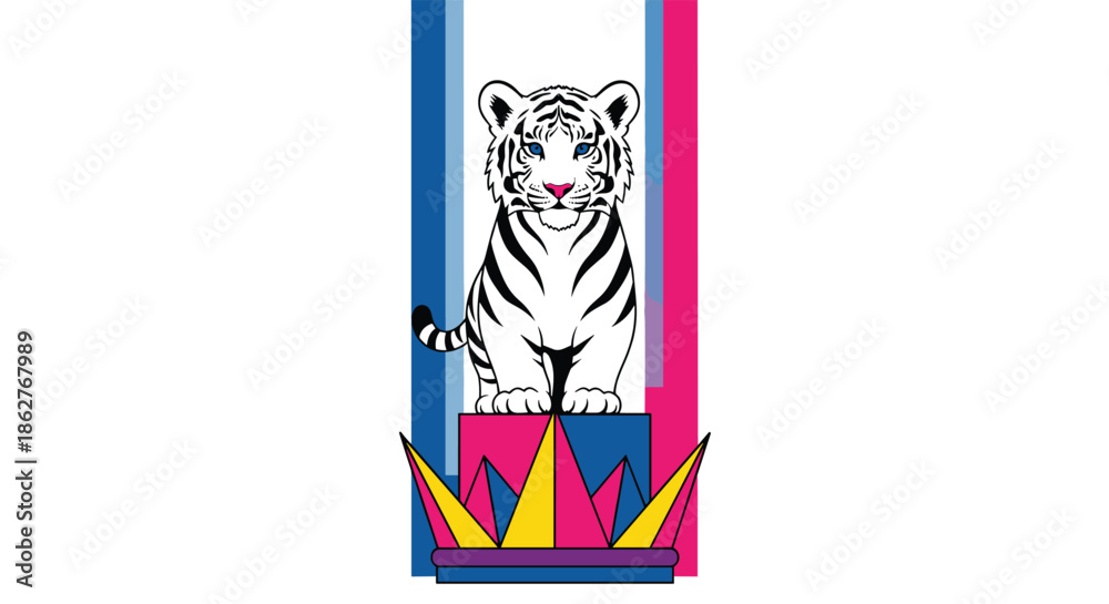 Fototapeta premium White tiger cub sitting on a colorful geometric platform with a striped background in a modern and artistic illustration.