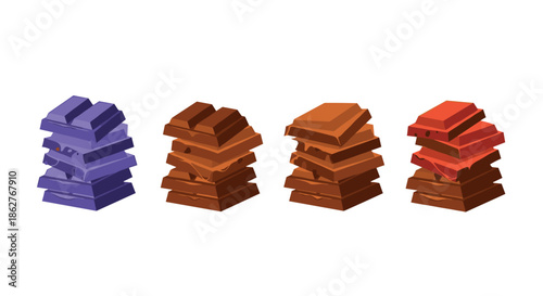 A set of four stacked chocolate bars in different flavors like dark, milk, and ruby, isolated on a white background.