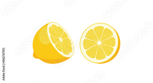 A simple and clean vector illustration of a fresh yellow lemon cut in half, showing the juicy interior and segments.