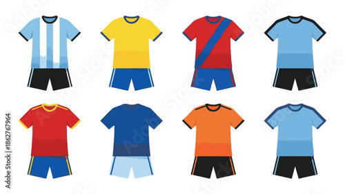 Vector set of various soccer team uniforms with shirts and shorts