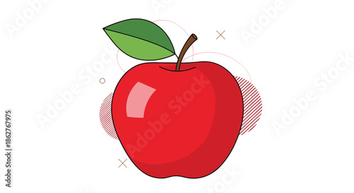A modern and stylized illustration of a shiny red apple with a green leaf, set against an abstract background of shapes.